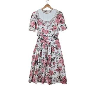 Vintage 80s Floral Midi Dress sz 13 Lace Collar Cottagecore Prairie Romantic